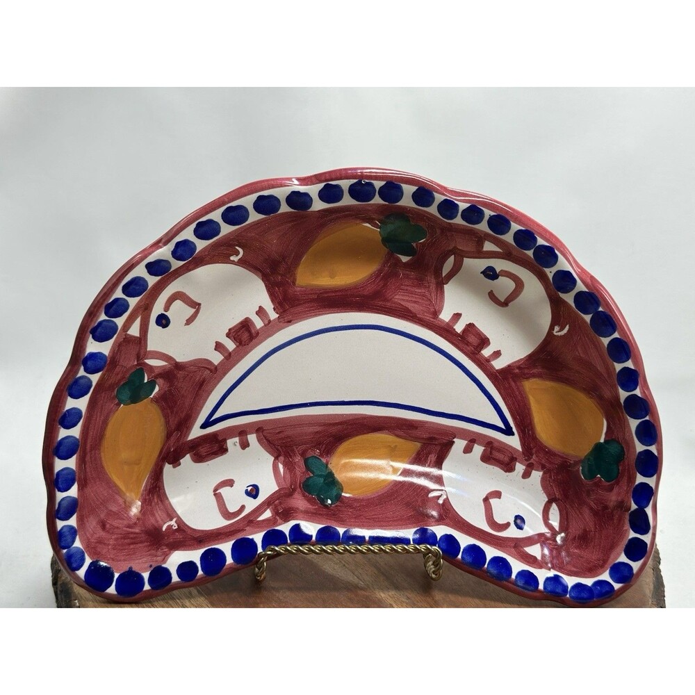 SOLIMENE Vietri Italy Pig Garlic Red Crescent Plate Terracotta Handmade 9”